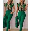 Elegant Women Two Piece Set Suits Fashion Printed Ruffle Sleeve Top Solid Color Pants Set with Belt Blouses Female Clothing