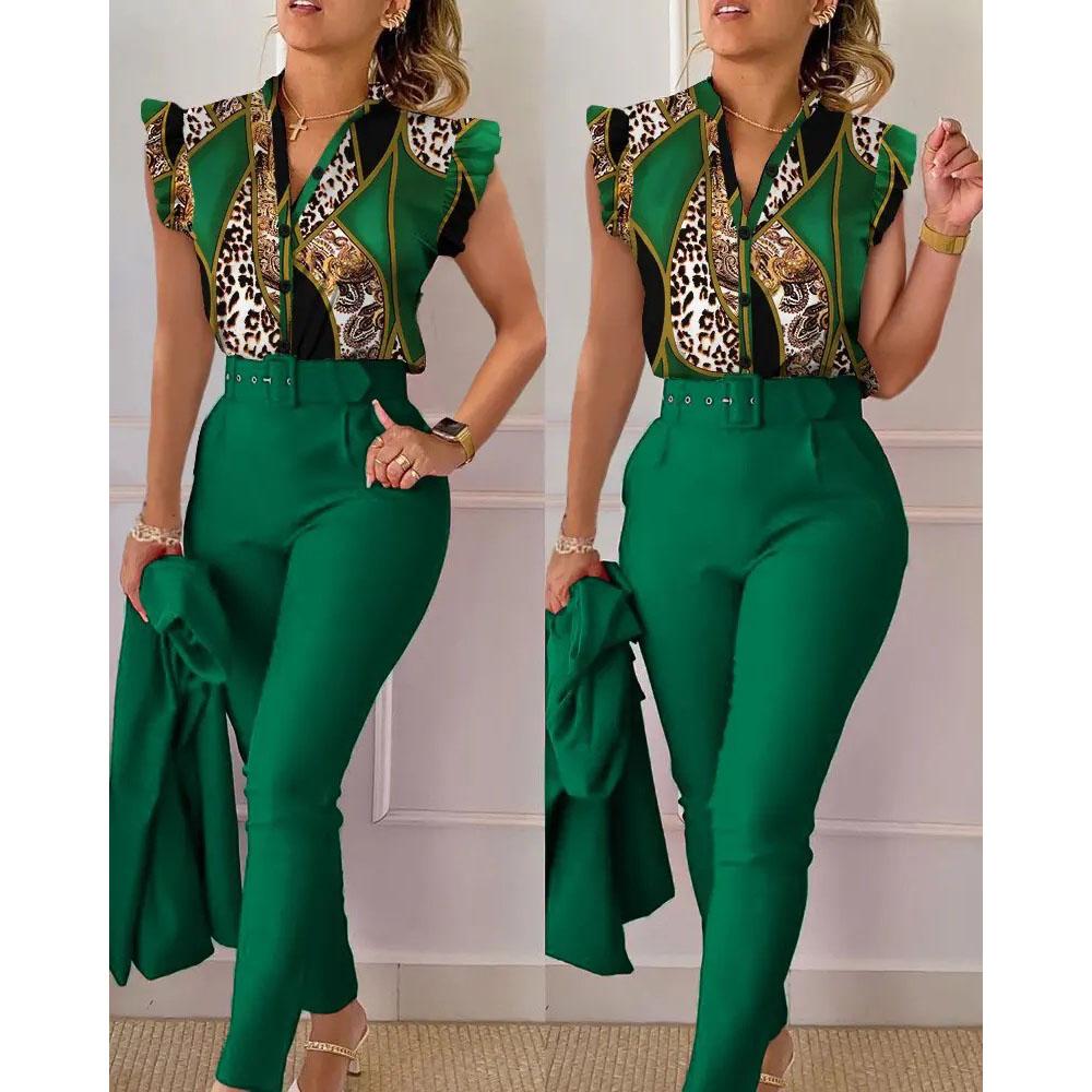 Elegant Women Two Piece Set Suits Fashion Printed Ruffle Sleeve Top Solid Color Pants Set with Belt Blouses Female Clothing