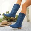 British Style Suede Pointed Toe Low-heeled Knight Boots for Winter 2025 New Plus-size Embroidered Sleeve Mid-leg Boots