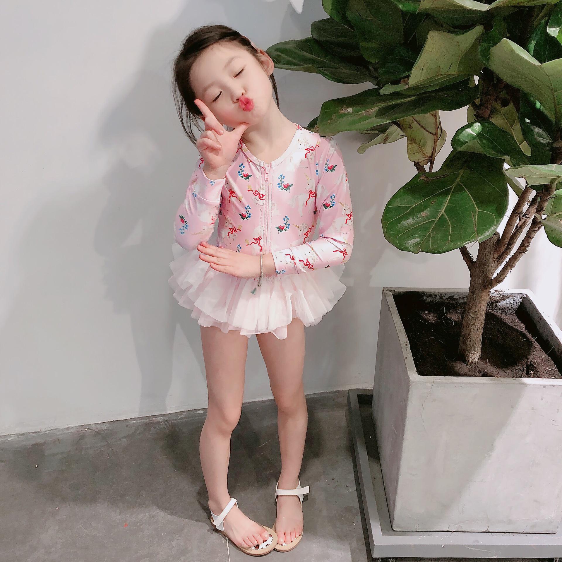 

Girls Unicorn Cat Long Sleeve One-Piece Swimsuit with Tulle Skirt & Sun Protection 100
