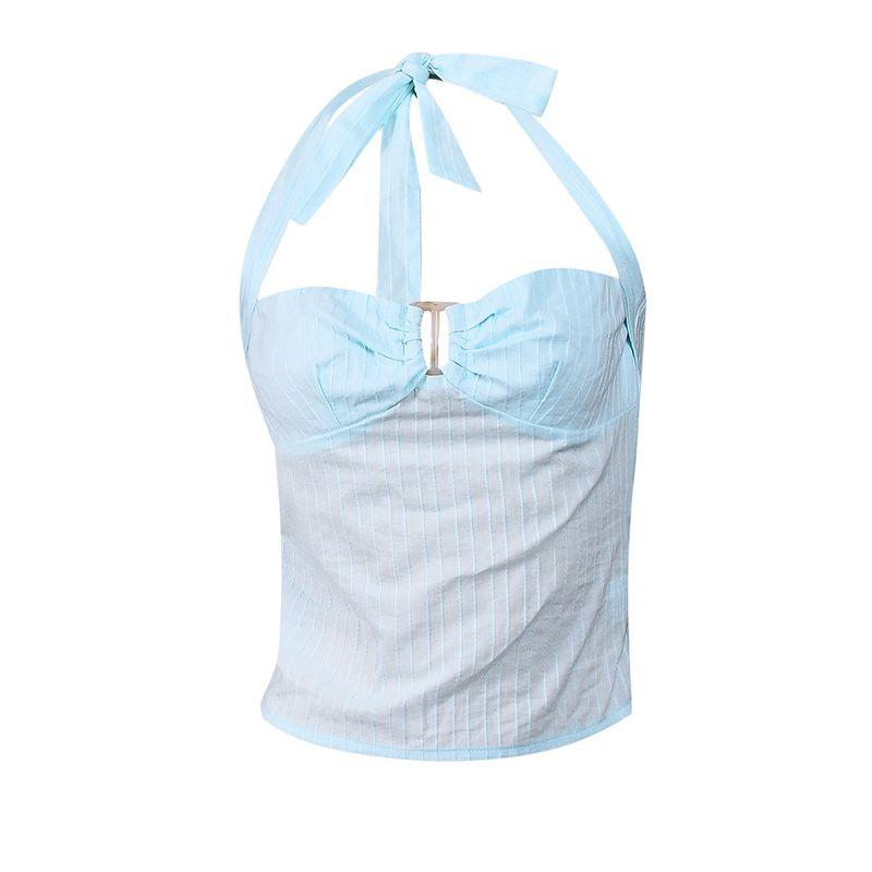 

Sexy Sexy American Halterneck Vest Cross-Border New Arrival Pure Color Tied Crop Top Casual Dating Outwear Silm Tops Light Blue L