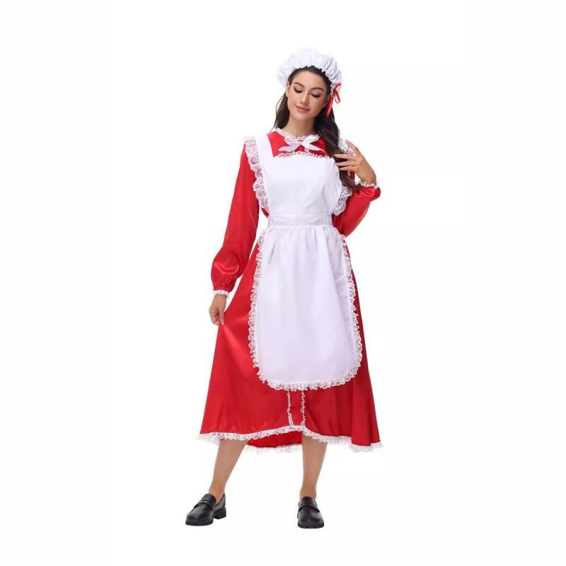Christmas Cosplay Maid Costume Red Long Dress Cute Xmas Outfit Game Anime Role Play