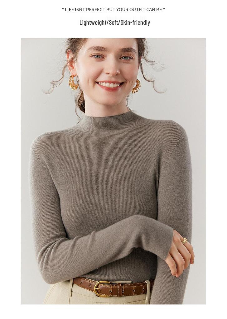 Velvet Seamless Slim-Fit Cashmere Sweater, Thin Knit, Half-High Neck, Skin-Friendly, Autumn/Winter Base Layer.