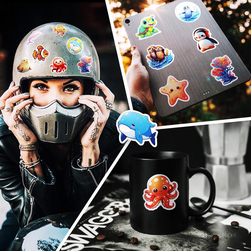 50PCS Cartoon Ocean Animal Stickers, Cute Shark 3D Marine Animal Stickers for Decor