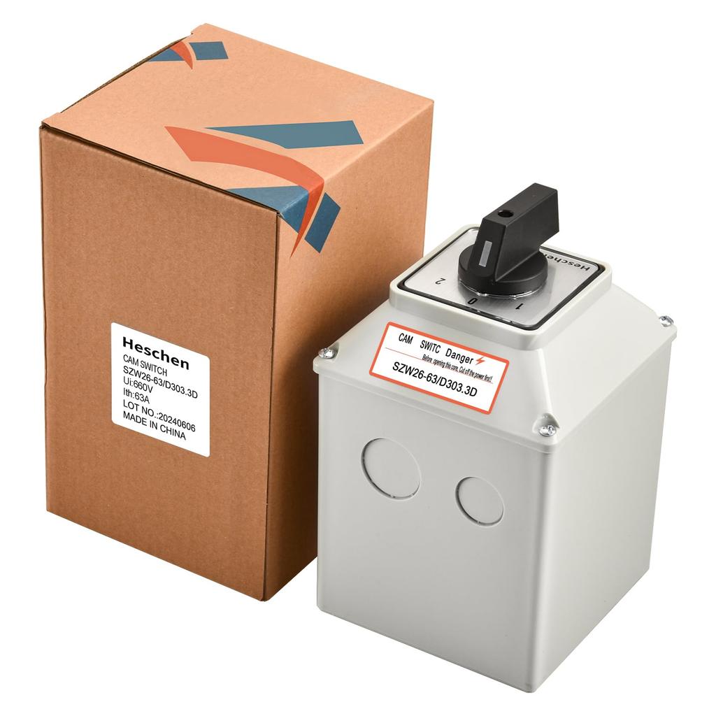 Heschen Universal Rotary Cam Selector Changeover 660V 3 Three Phase 12 with Master Switch Outer Box Switch, SZW26-63/D303.3D, 63A, ON-OFF-ON Position,