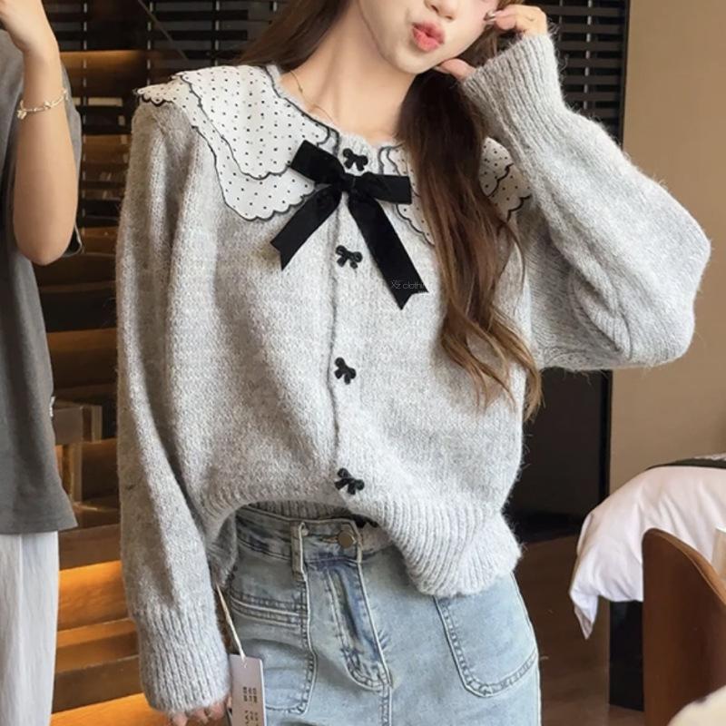 Autumn and winter knitted sweater lace stitching sweet bow sweater women's top