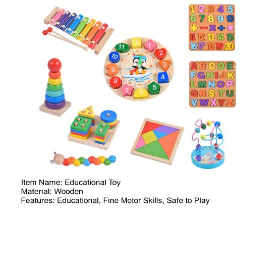 1 Set Wooden Educational Toy Kit with Xylophone Block Stacking Clock Rainbow Stacker Bead Maze Tangram Caterpillar Number Alphabet Learning Board Toy