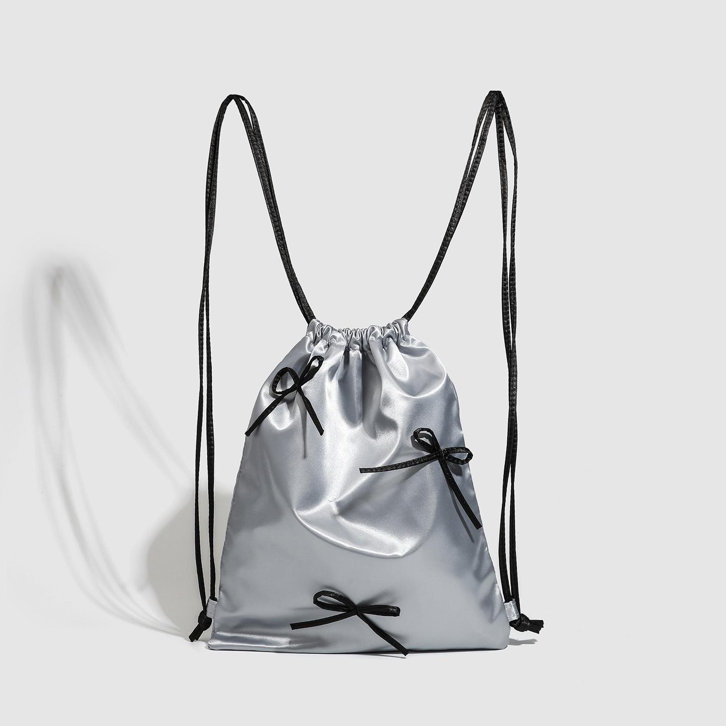 

Korean Blogger With The Same Bow Satin Drawstring Backpack Y2K Silver Gray Bundle Mouth Bag Cute Little Backpack