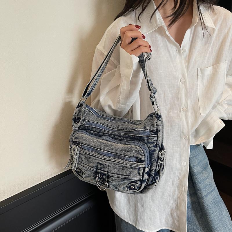 Vintage Denim Crossbody Bag Multi-Pocket Women's Shoulder Bag