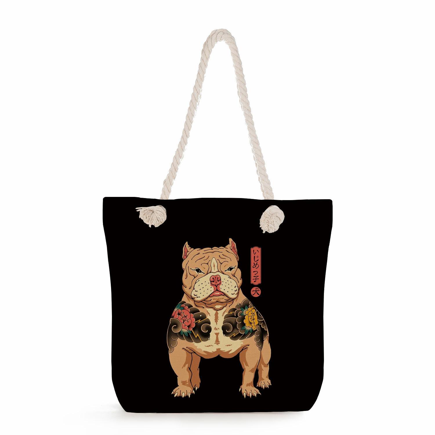 Samurai cat print thick rope single-shoulder beach bag 7235
