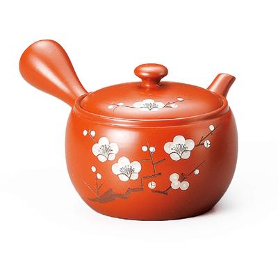 Yamakiikai Korb-Teekanne, Bambus-Frühlings-Roter Tonkrug mit Speziellem Weißem Pflaumenblüten-Design, 14 x 17,5 x 9,5 cm, Tokoname-Keramik, L709