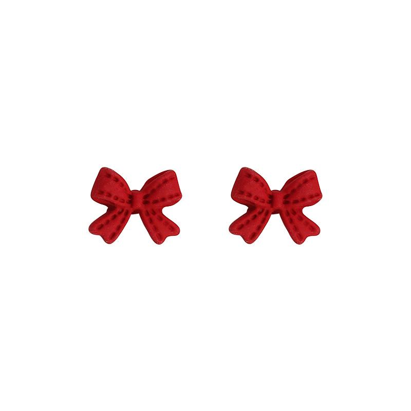 Christmas Red Bow Stud Earrings for Women - Japanese Korean Sweet Girlish Style New Year Accessories