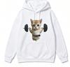 Street Style Women Hoodie Cute Meme Cat Lifting Dumbbell Graphic Print Loose Fit Drawstring Sweatshirt Casual Daily Women Hoodie