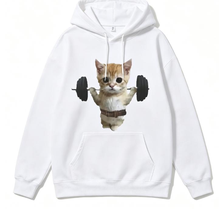 Street Style Women Hoodie Cute Meme Cat Lifting Dumbbell Graphic Print Loose Fit Drawstring Sweatshirt Casual Daily Women Hoodie