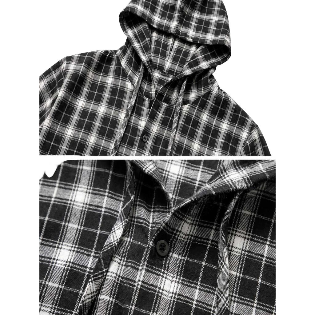 Men's Retro Casual Lightweight Loose Fit Plaid Hooded Long Sleeve Sun Shirt