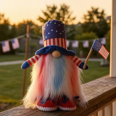 Plush Old Man Doll Cute Flag Holding Figure with Hat USA Independence Day Patriotic Ornament for Window Shelf Decor Party Display Prop