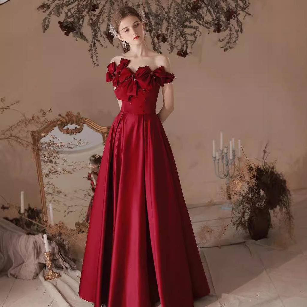 Rochie de seară one-word shoulder toast 1011 nouă, de banchet, culoarea vinului, rochie lungă în stil străin, mireasă, nuntă, logodnă