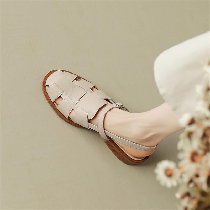 Fashion 2025 Summer Sandals Cowhide Round Toe Women Sandals Chunky Heel Women Shoes Cover Toe Shoes for Women Hollow Out Roman Shoes