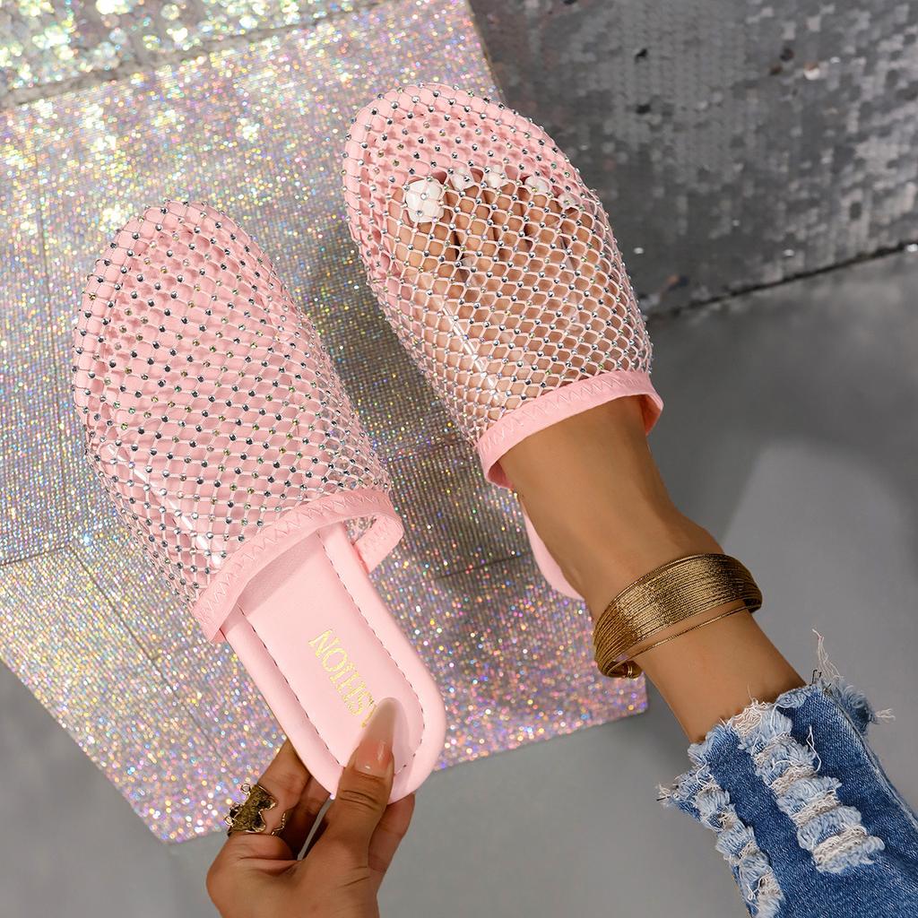 Large Size Fishing Net Socks Slippers Women's 2025 Summer New European and American Rhinestone Flat Sandals Shoes