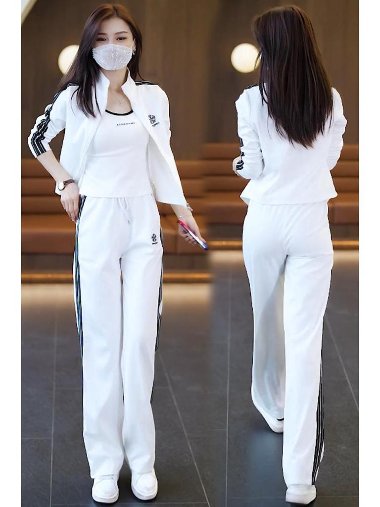 Damski dwuczęściowy strój jesienny 2025 w koreańskim stylu, szykowny: Garnitur: Kurtka ze stójką i spodnie z szerokimi nogawkami