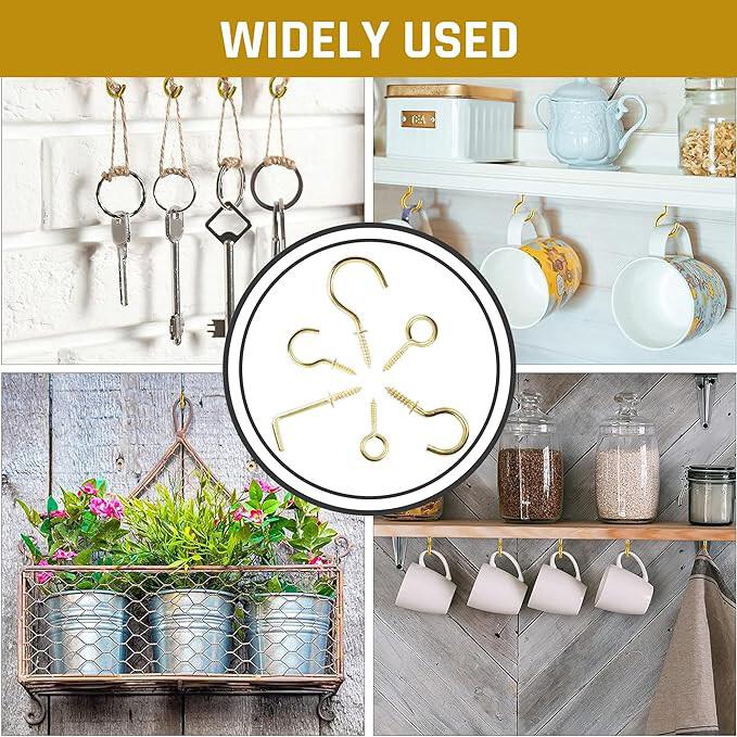 RSINC 73pc Assorted Hook Set Golden Nickel Plated, Multipurpose Eye,Cup,Square B0C1JH1W4R