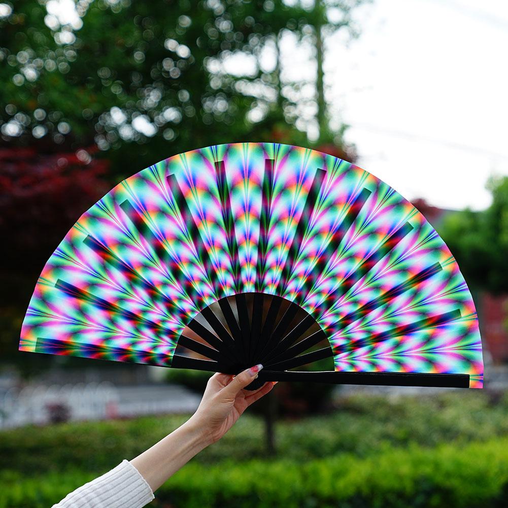 33cm Large Folding Hand Rave Fan Chinease/Japanese Gifts Fan Dance Music Colorful Fan Festival Fan Gradient Reflective Fold