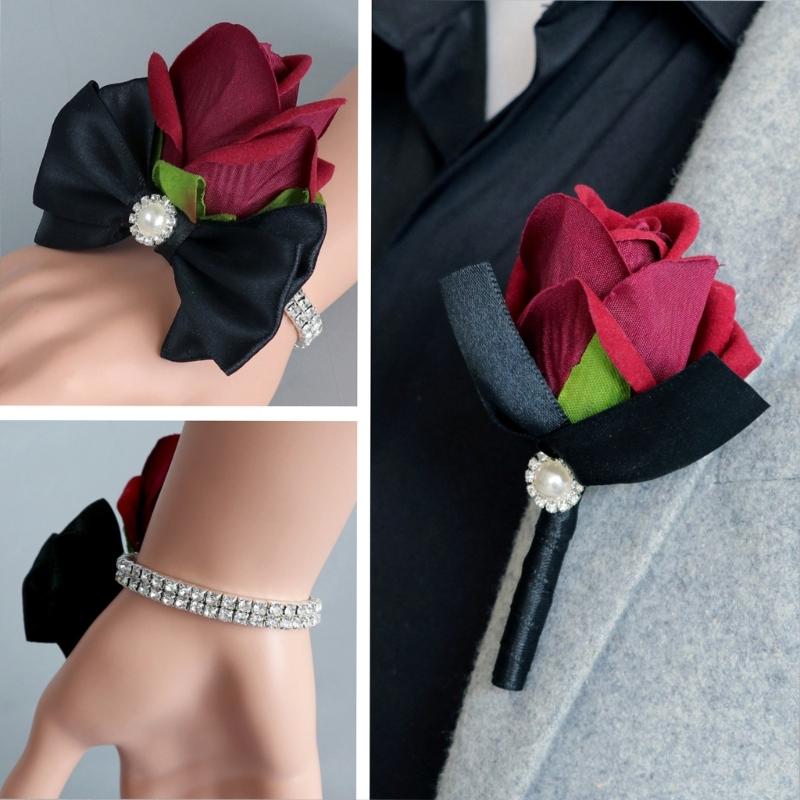 5Pcs Rose Wrist Corsages for Bride Bridesmaid Bridal Showers, Wedding Rose Boutonniere for Ceremony Anniversary Proms
