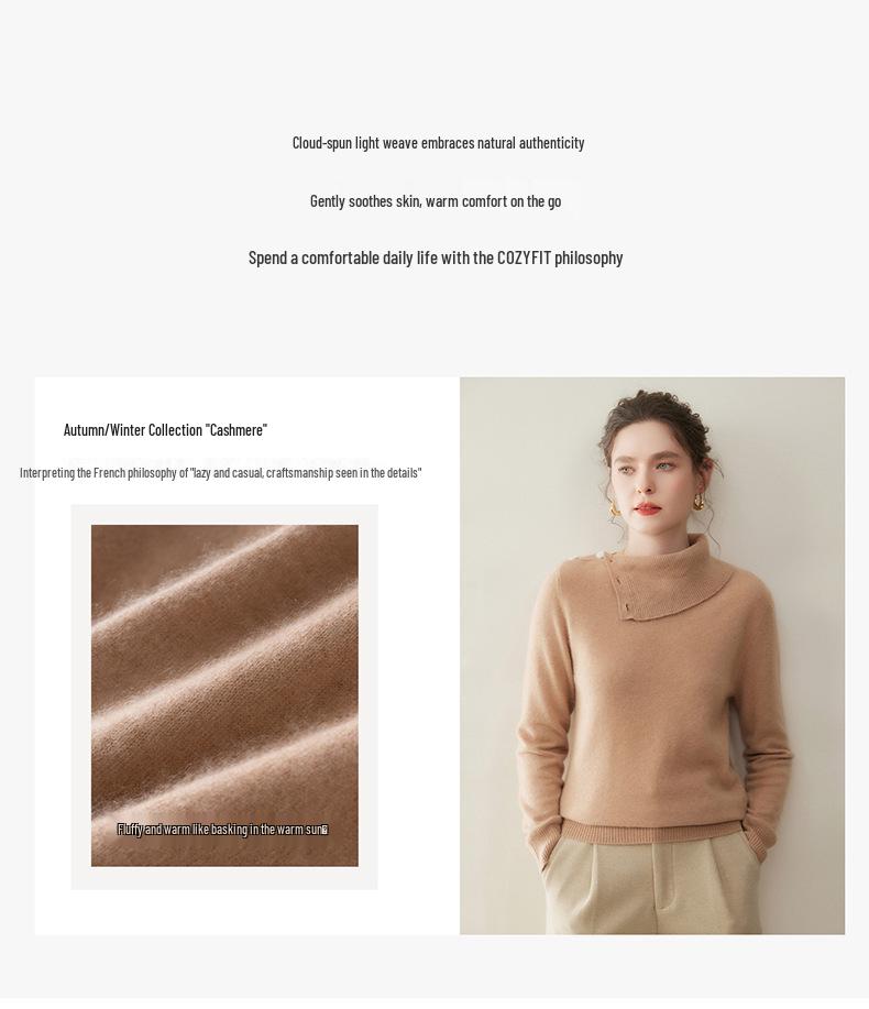 High Collar Buckle Cashmere Women's Loose Slimming Knitted Pullover Sweater