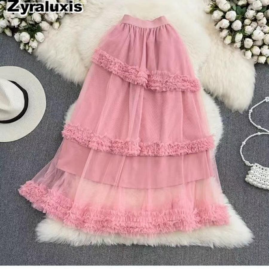 Autumn Sweet Retro Court Wood Ear Patchwork Irregular Cake Puffy Skirt Fairy Lace Mesh Half Skirt