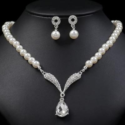 3PC Women's Fashion Trend Pearl Droplet Necklace Earrings Zircon Set Wedding Banquet Party Festival Gift