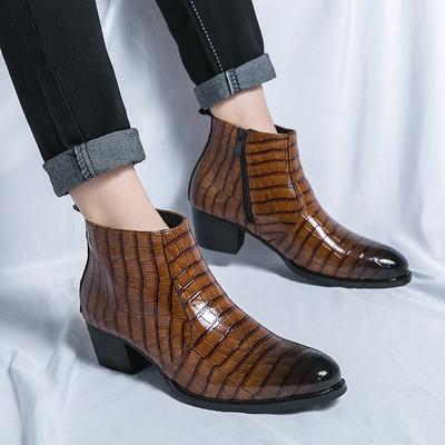 Classic Brown Men Dress Boots Pointed Zippers High Heel Boots For Men Leather Luxury Men High Top Formal Shoes Botas Para Hombre