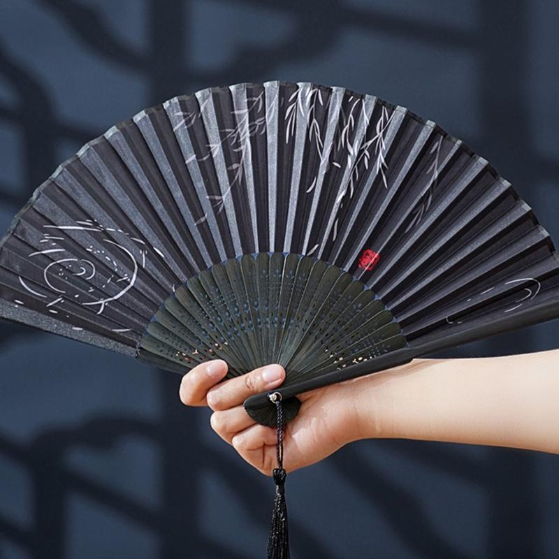 Lightweight Bamboos Folding Hand Fan With Silk Screen And Tassels For Summer Outdoor Cooling Chinese Styles Home Decors