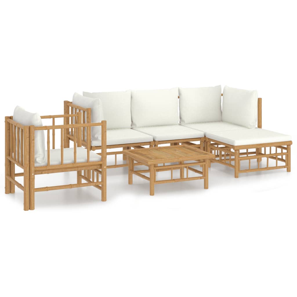 6 Piece Garden Lounge Set with Cream Colored Cushions Bamboo