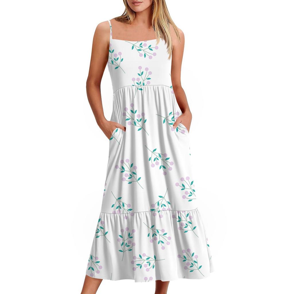 Kvinners Lang Strand Casual Elegant Spaghettistropp Maxi Kjole Blomstret Diskret Flytende Bohemsk Kjole