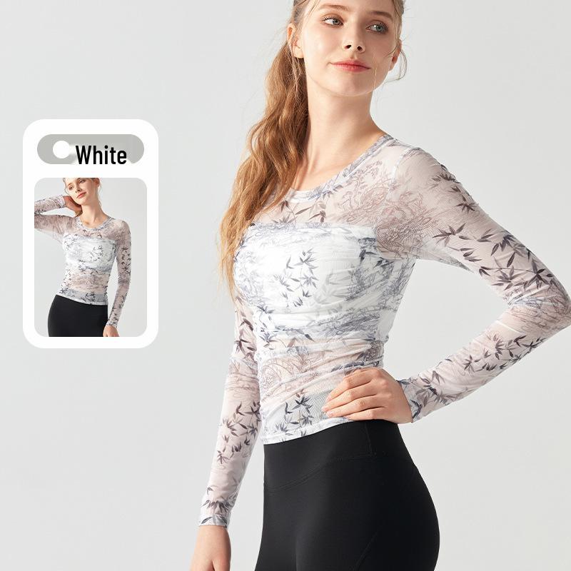 Women s Long Sleeve Ink Print Yoga Top - Round Neck, Fixed Cup Small белый