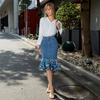 Women's Denim Skirts High Waist Casual Ruffled Knee Length Jean Skirt With Pockets Midi Denim Skirts Stretch Bodycon Fishtail Jean Skirt for Women