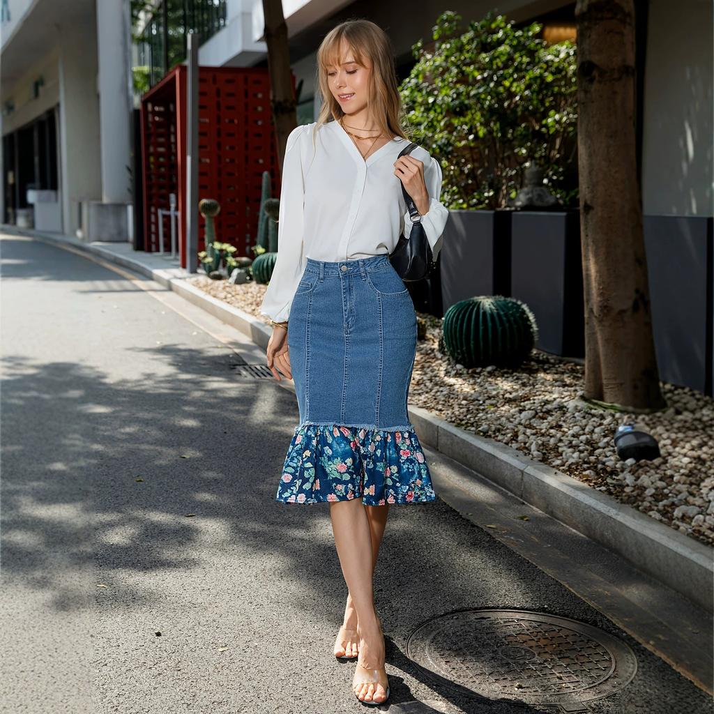 Women's Denim Skirts High Waist Casual Ruffled Knee Length Jean Skirt With Pockets Midi Denim Skirts Stretch Bodycon Fishtail Jean Skirt for Women