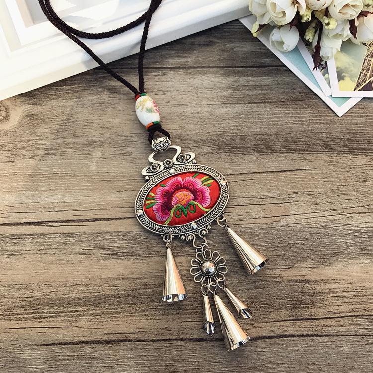 Retro Long Fashion Classical Embroidery Fringed Necklace Temperament Wind Chimes Pendant Miao Sweater Chain Accessories