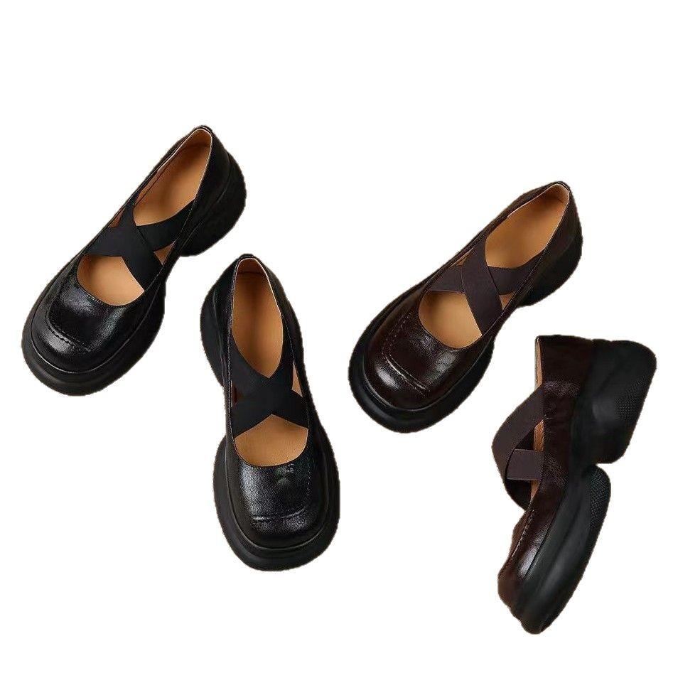 Light and soft series~ Huge comfort~ New leather single shoes women's small thick-soled Mary Jane shoes cross-strap leather shoes