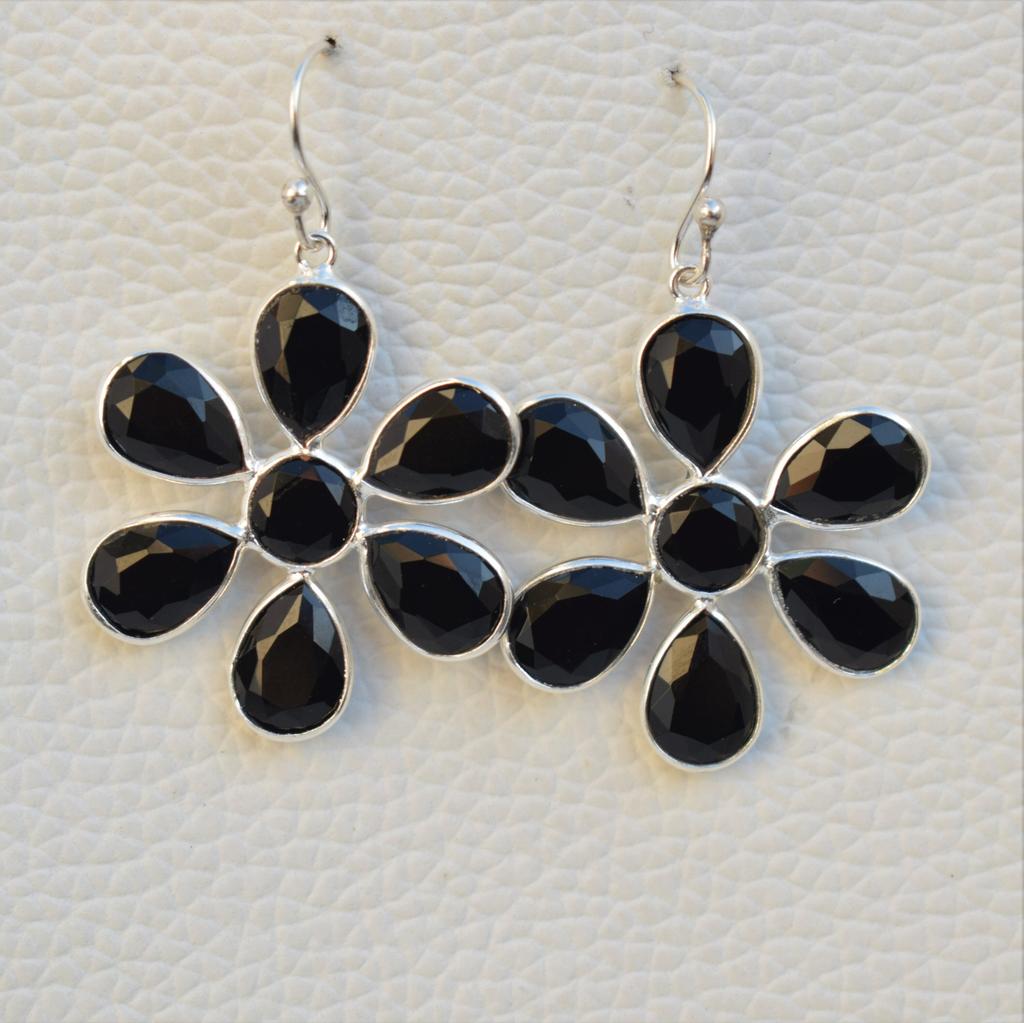 Faceted Black Onyx Earrings, Flower Design Earring, 925 Sterling Silver Handmade Earring, Gift for Her, December Birthstone