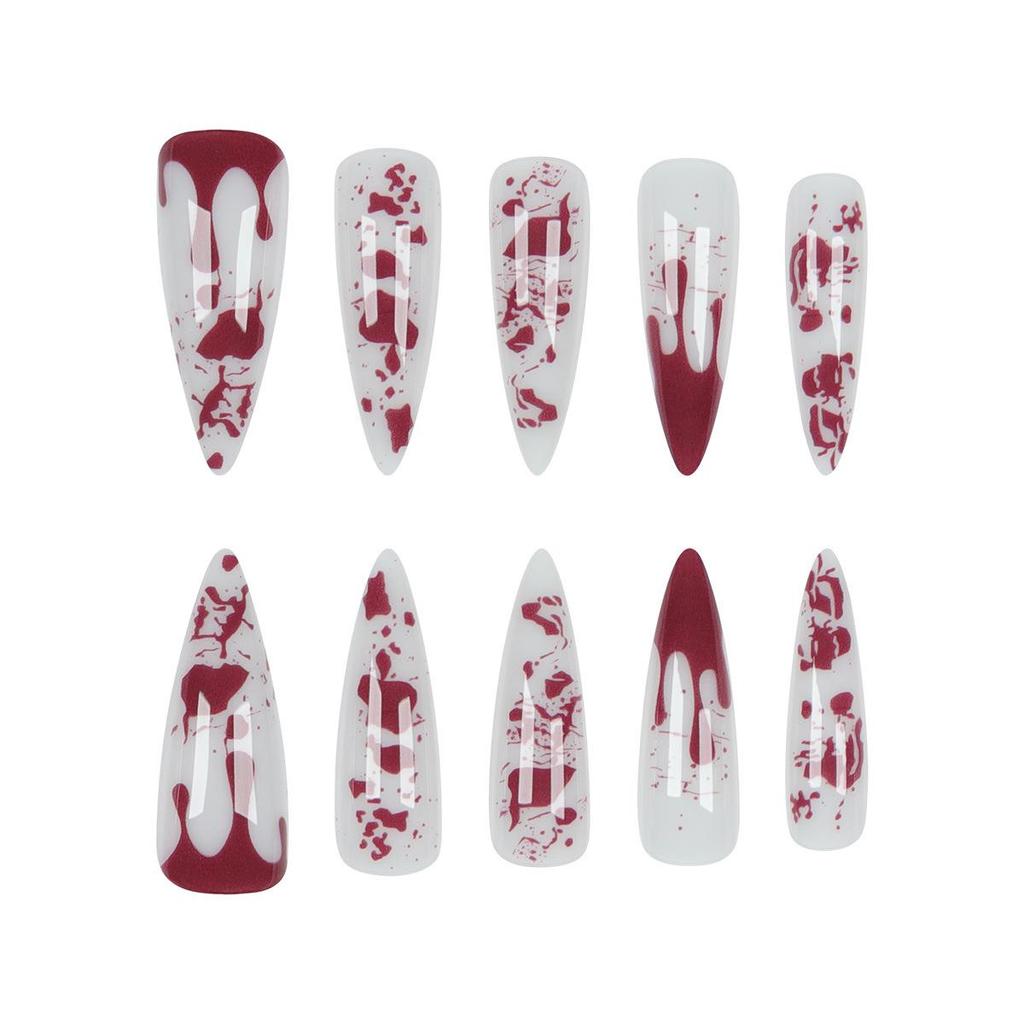Blood Drop Halloween Long Stiletto False Nails - French Manicure Style