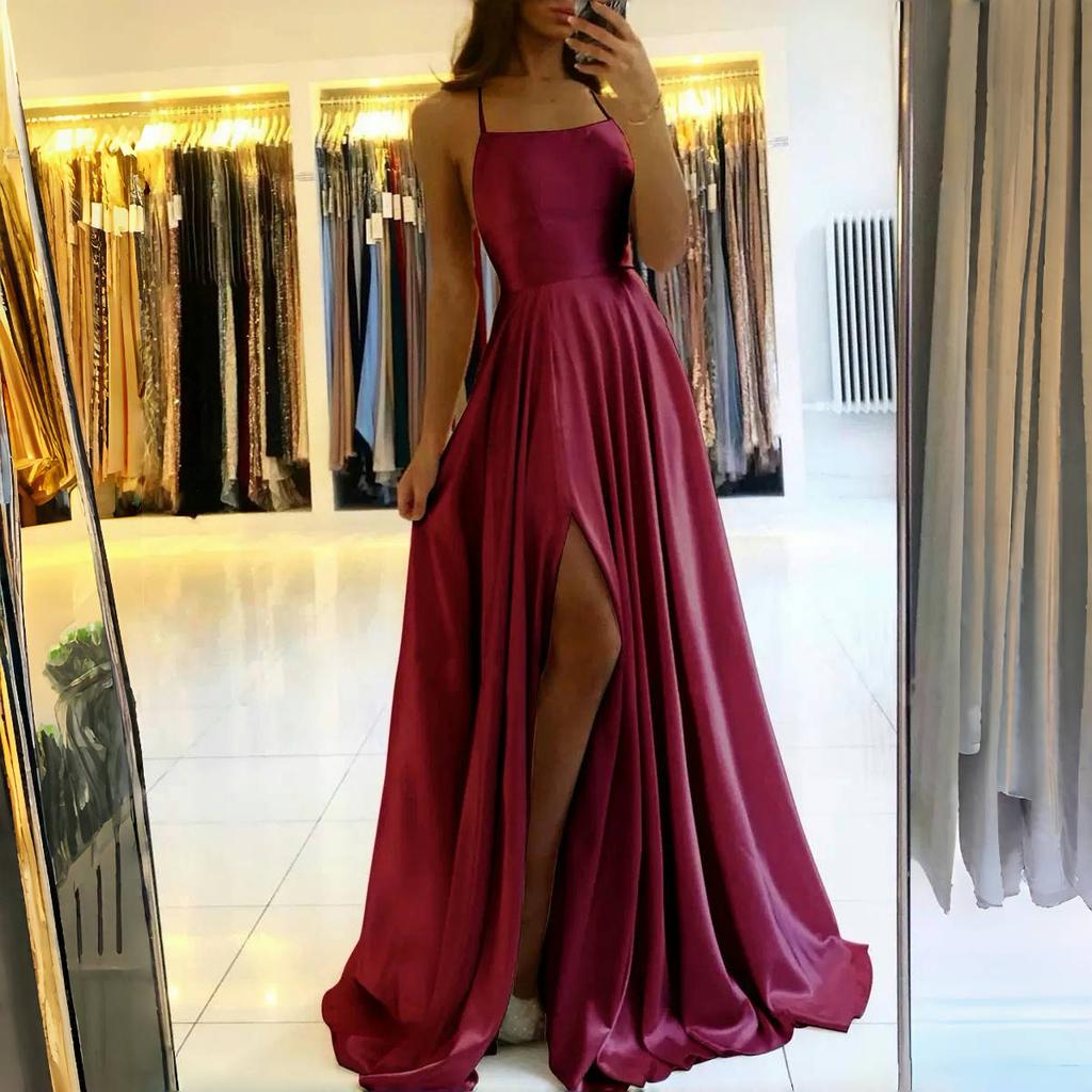 LYRIA Burgundové saténové plážové maxi dámské šaty na Vánoce Sexy boční rozparek Nastavitelná ramínka Večerní plesové šaty Levné družičkovské šaty