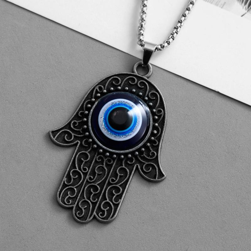 Pendant Devil's Eye Vintage Silver Hand of Fatima Fashion Retro Chain Necklace