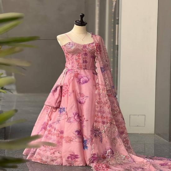 Pastel Rose Mirror-Work Corset Lehenga Choli FREE SIZE