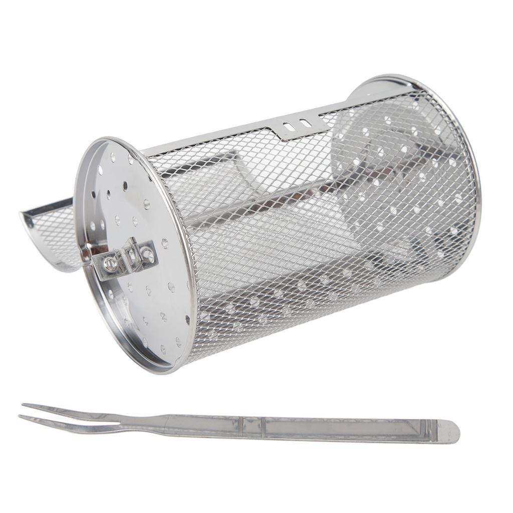 Rolling Grilling Basket Stainless Steel BBQ Rolling Basket Fork Wire Mesh Cylinder Grill Basket for Camping Picnic