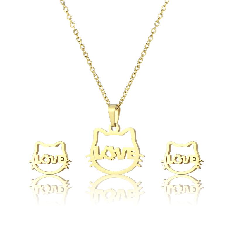RUI RUI YU Cat Pendant Necklace Earrings Three-piece Kitten Love Sweater Chain Women's Gold-plated Fashion Jewelry Set Chain