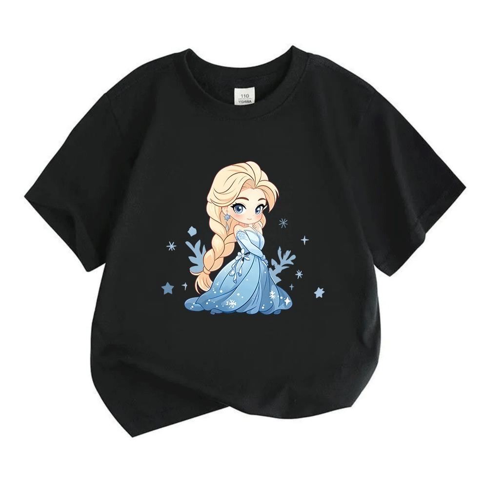 Kids Boys Girls Crew Neck Short Sleeve T-Shirt, 100% Cotton Cute Cartoon Ice Princess Print Casual Soft Tees for Toddler Children Daily Wear Summer Ba