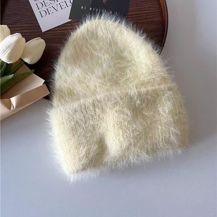 Women Winter Soft Faux Mink Fur Knitted Beanie, Japanese & Korean Style Warm Thick Cashmere-Like Rolled Edge Hat, Cozy Fluffy Purple Knit Cap