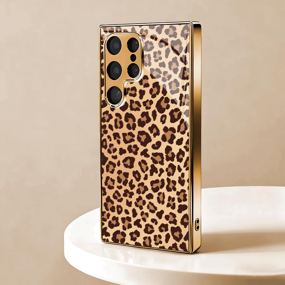 Leopard Print Metallic Paint Glass Phone Case Suitable for Samsung Galaxy S26 S25 S24 S22 S21 S20 FE/Ultra/Plus Anti Drop