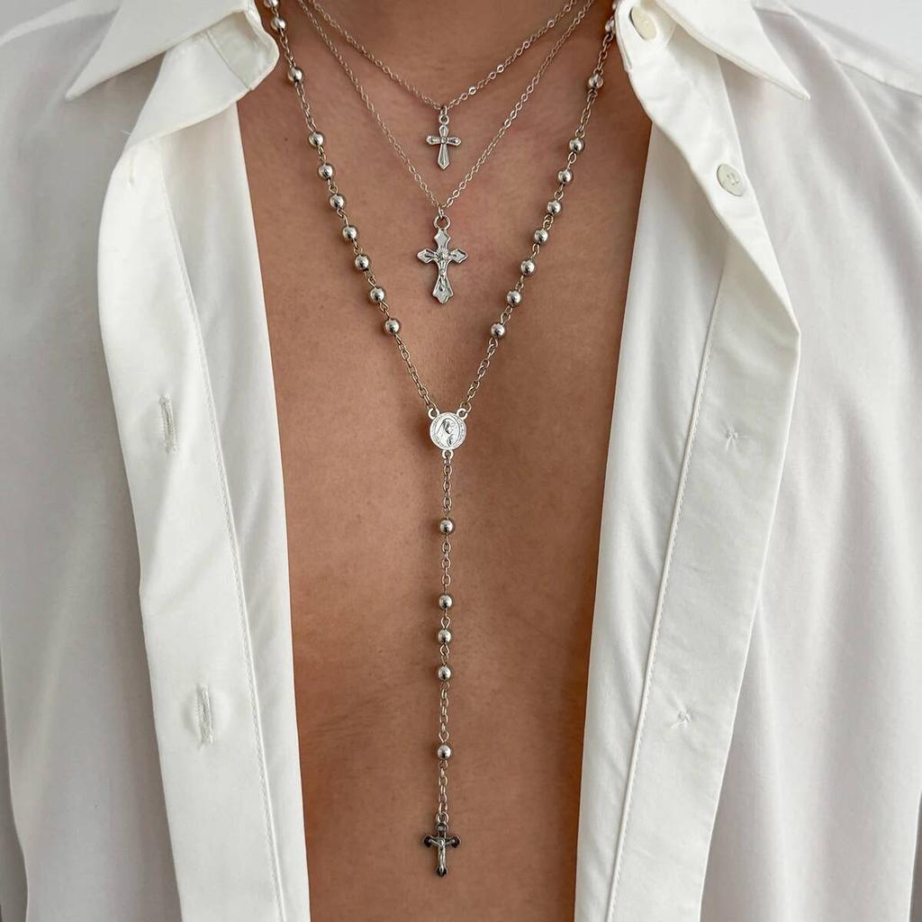 Salircon 3 Pcs/Set Hip Hop Punk Jesus Cross Pendant Necklace Men Trendy Metal Tassel Clavicle Choker Party Jewelry Male Gifts